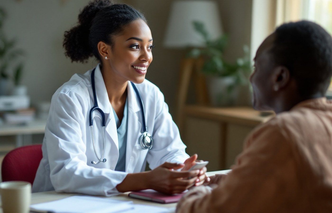 A healthcare worker explains HIV prevention options to a patient during a clinic consultation