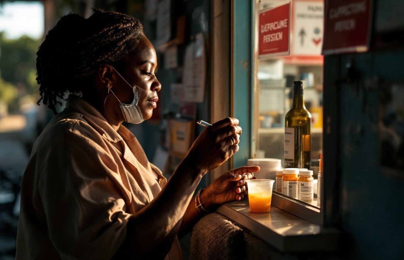A person collecting their daily antiretroviral medication at a clinic pharmacy window, warm natural light