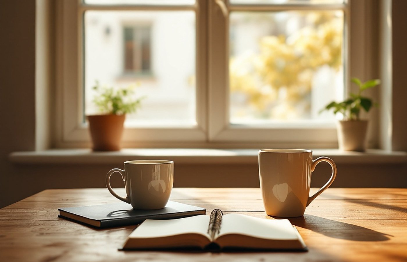 A sunlit kitchen table with two mugs and an open notebook by a window