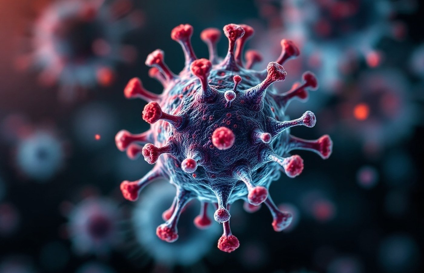 Close-up scientific illustration of the HIV retrovirus particle structure showing surface glycoproteins