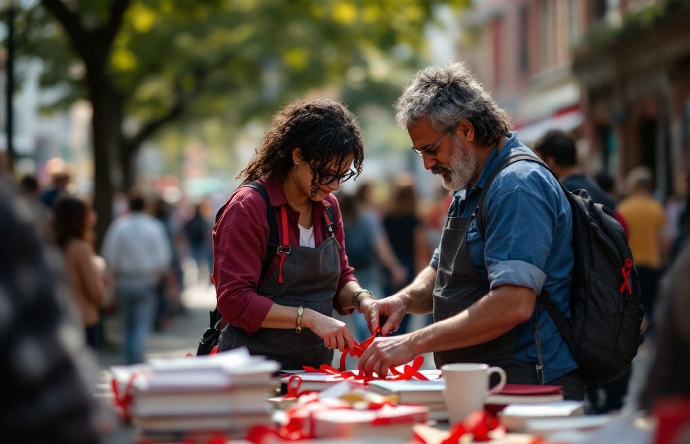 Community volunteers setting up a red-ribbon awareness event in a town square